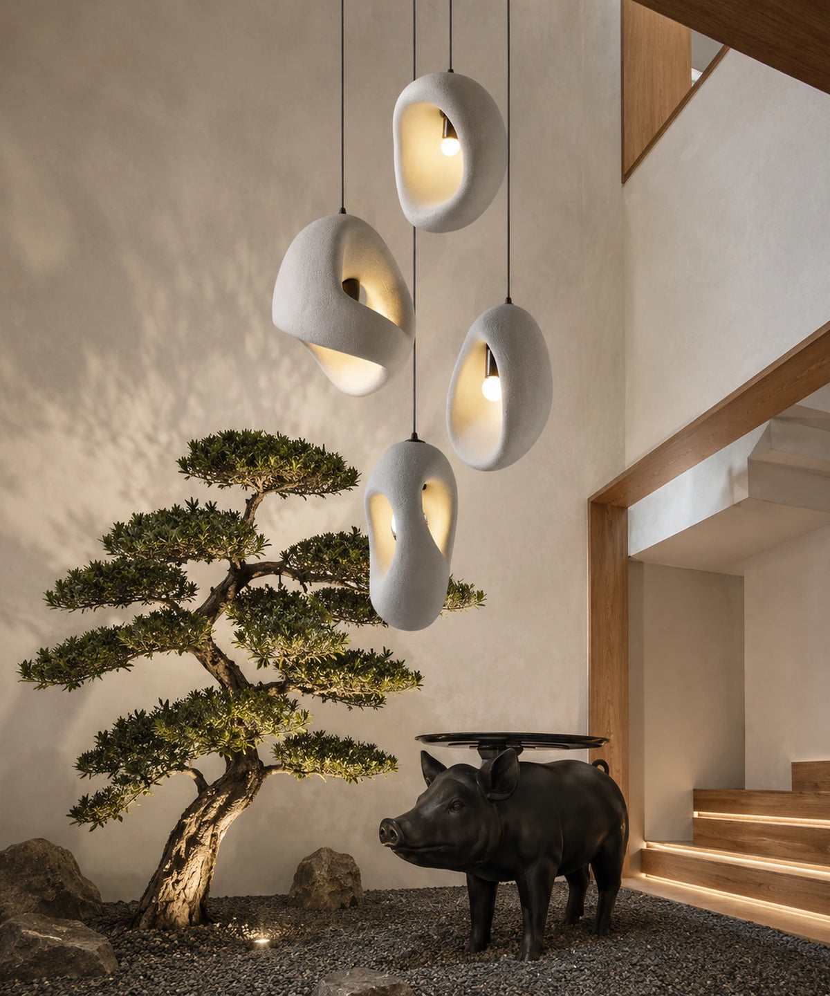 Ensemble de quatre galets lumineux en cascade dans une entrée, bonsaï au premier plan