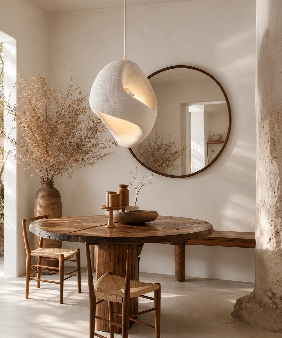 Suspension luminaire galet blanche seule au-dessus d’une table ronde, miroir en fond