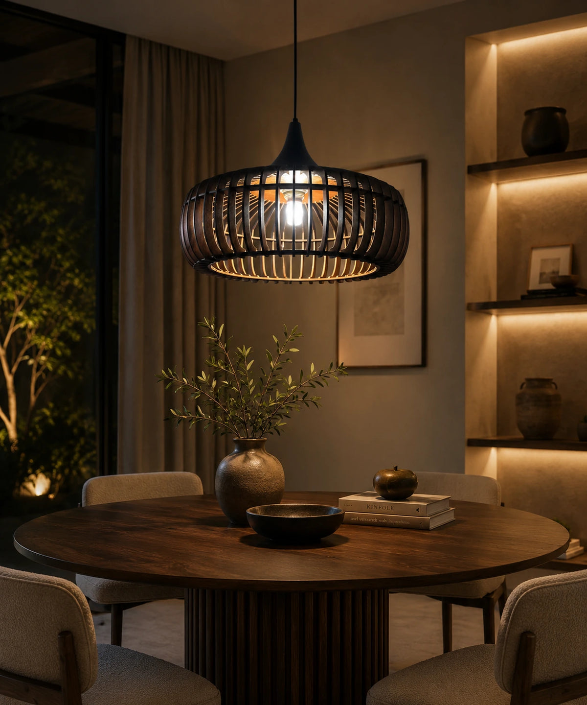 Suspension luminaire lamelles bois noyer allumée le soir au-dessus d’une table ronde sombre