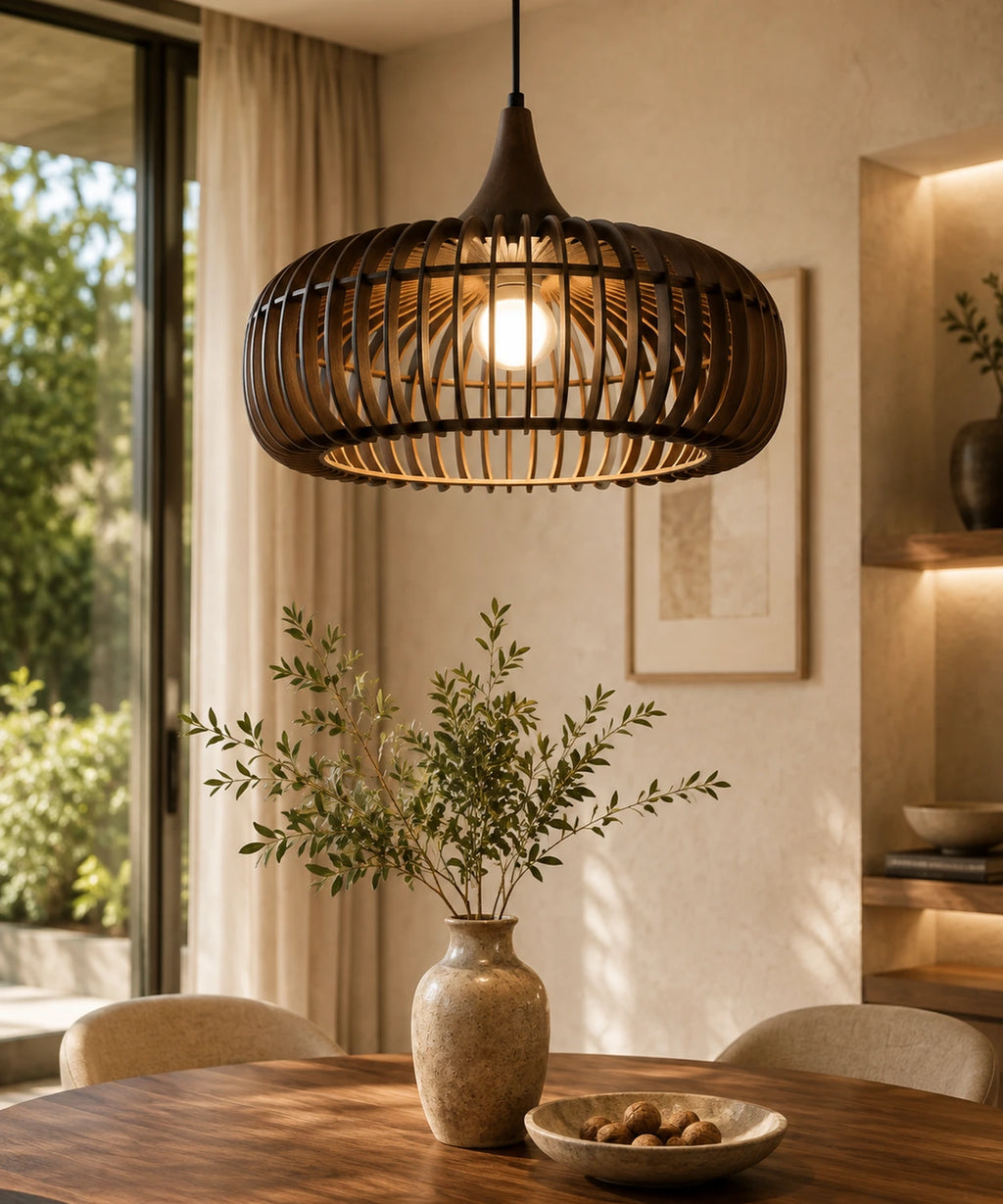 Suspension à lamelles de noyer au-dessus d’une table en bois, jour sur un jardin