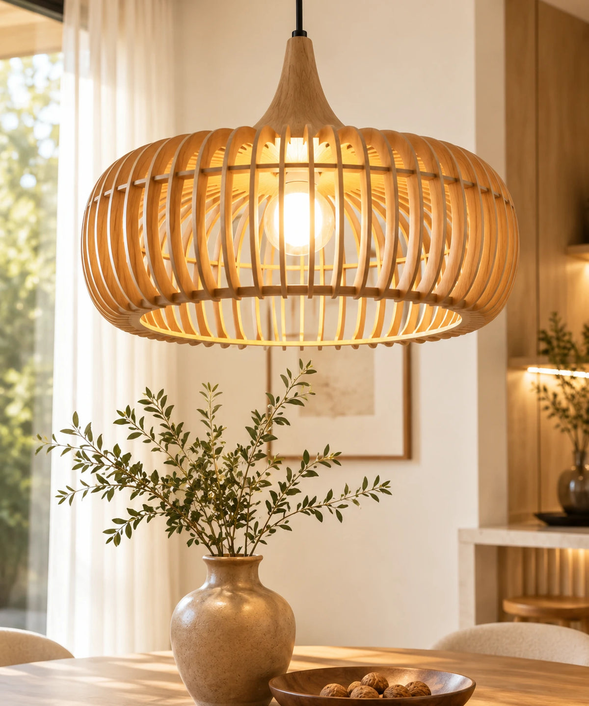 Suspension luminaire lamelles bois clair en tambour ajouré, allumée au-dessus d’une table