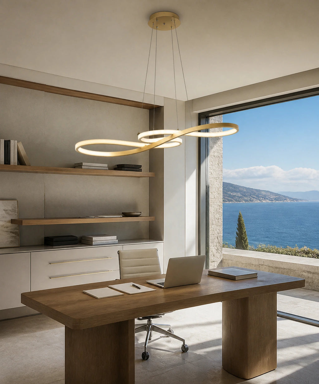 Suspension LED en boucle infinie dorée au-dessus d’un bureau, vue sur la mer