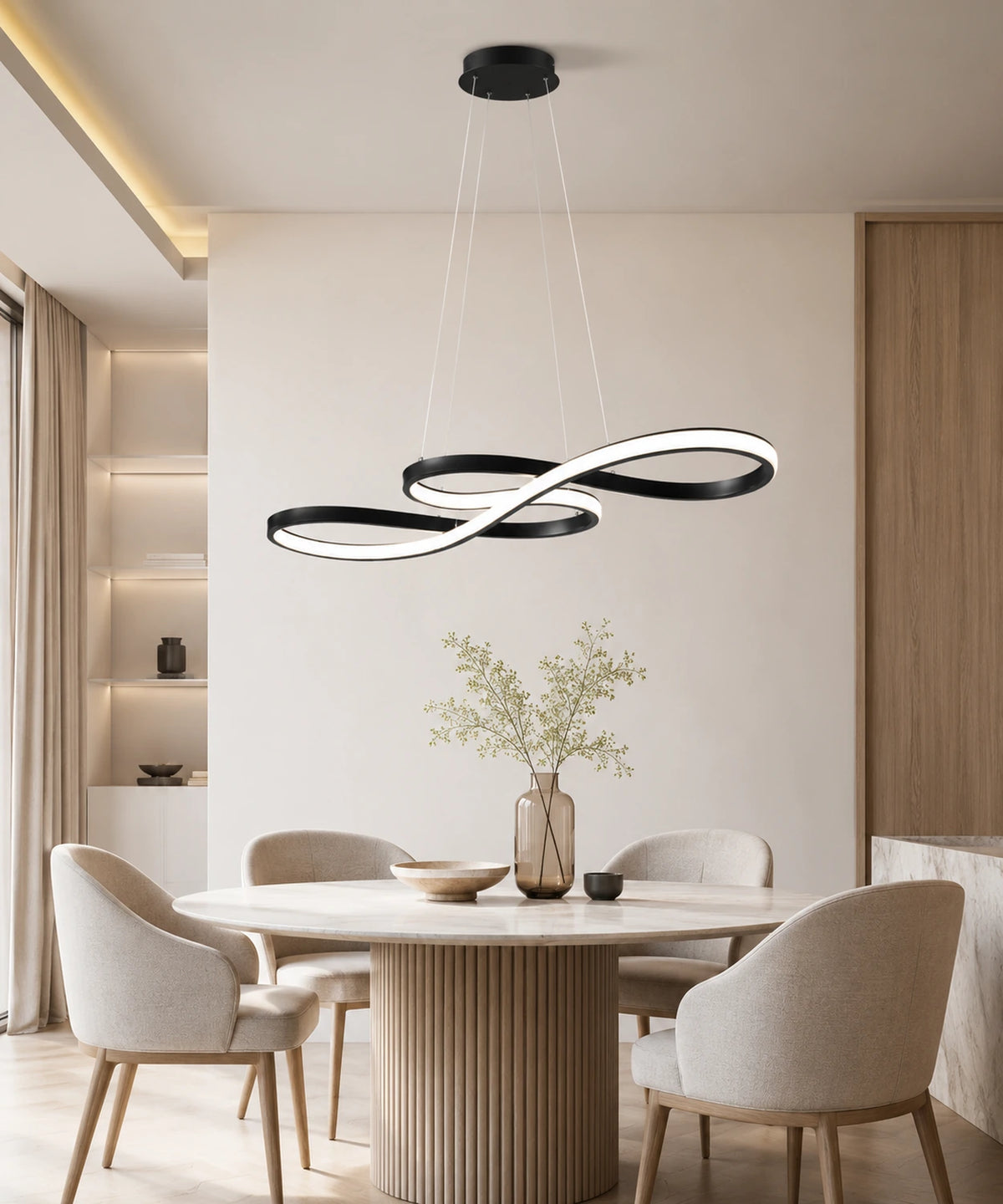 Suspension luminaire LED dimmable en boucle noire au-dessus d’une table ronde