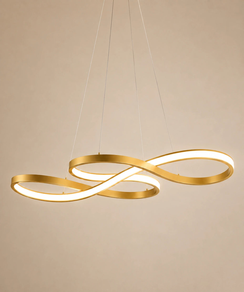 Suspension luminaire LED dimmable en ruban or brossé replié en boucle infinie, allumée