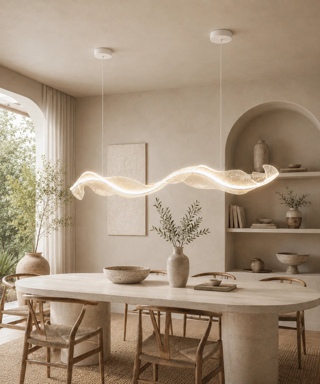 Suspension LED en vague d’acrylique pailleté au-dessus d’une table ovale, arches et fauteuils en bois