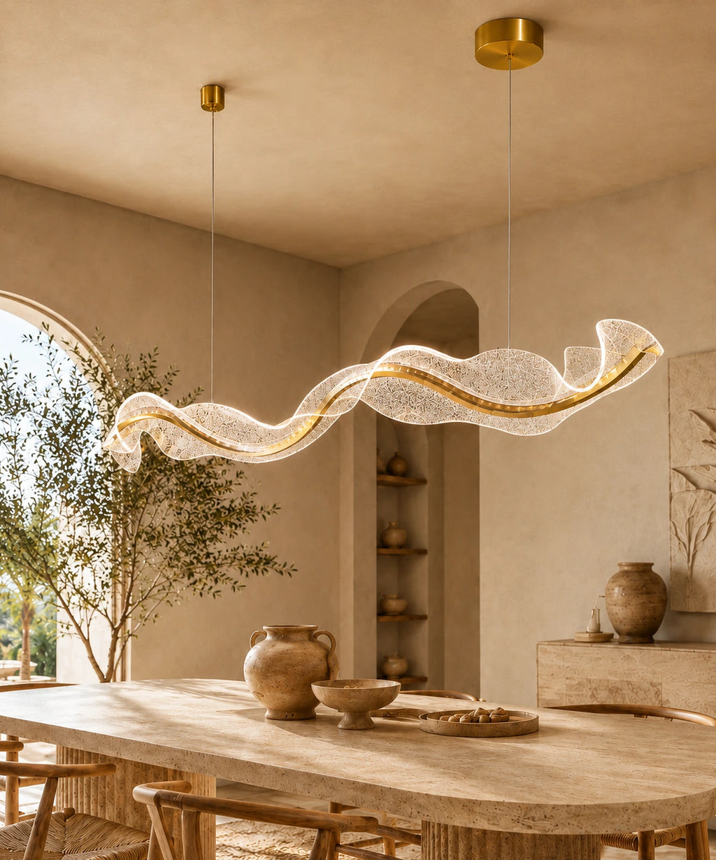 Suspension luminaire LED vague à ruban doré allumée au-dessus d’une table dans une salle à manger voûtée