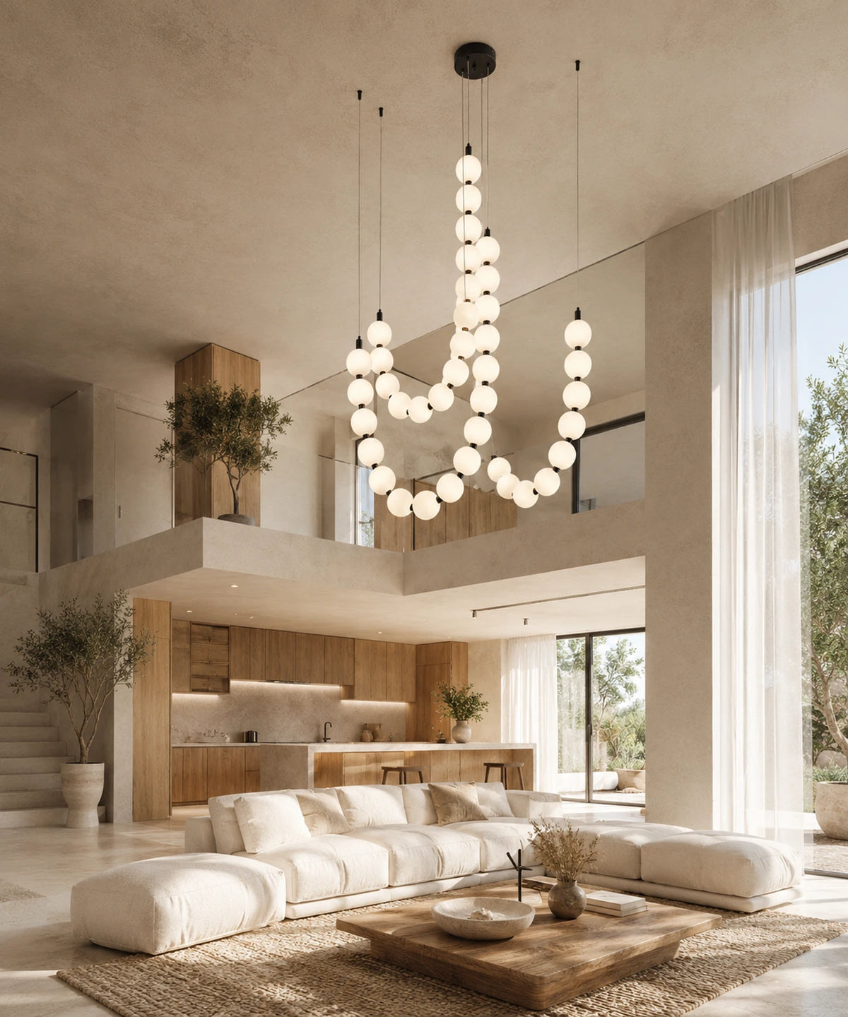 Suspension luminaire perles suspendue dans un séjour à double hauteur ouvert sur le jardin