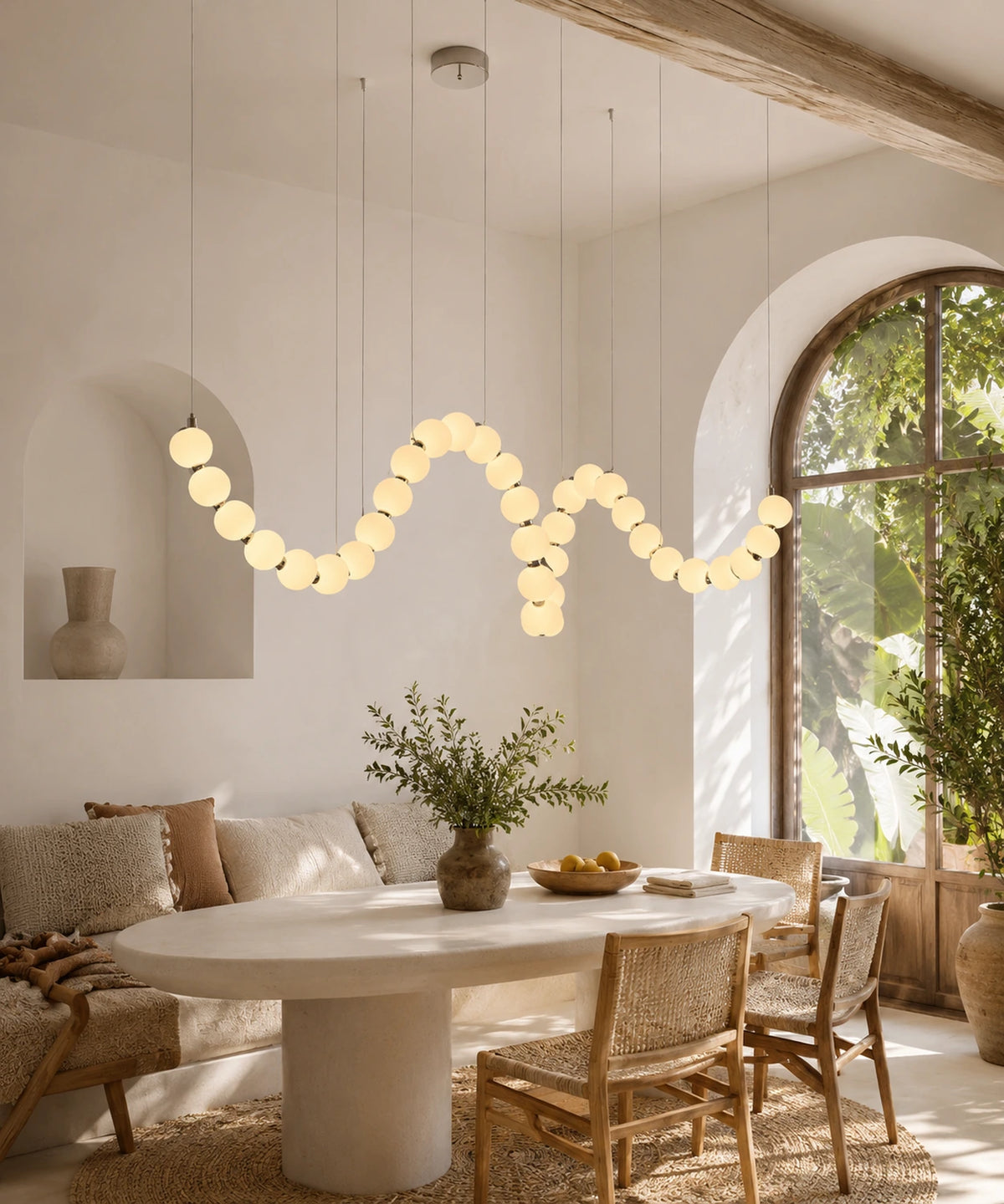 Suspension luminaire plusieurs boules au-dessus d’une table ronde et de chaises en rotin