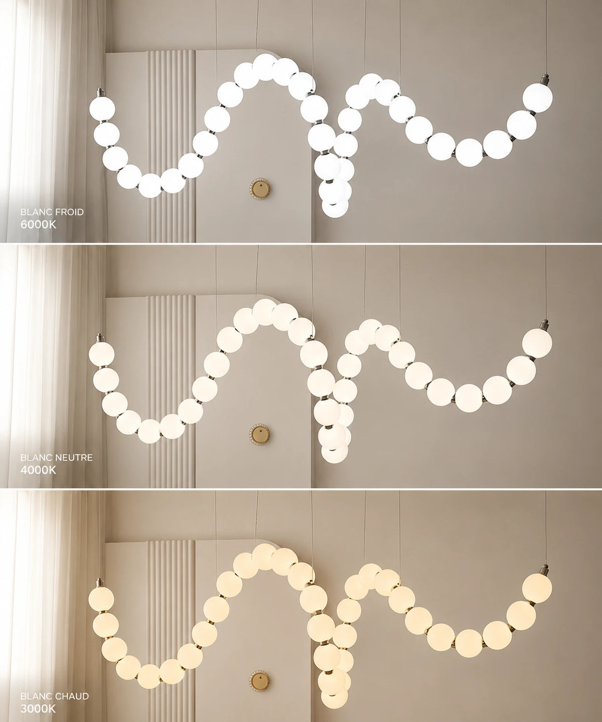 Suspension luminaire plusieurs boules en blanc froid 6000 K, neutre 4000 K et chaud 3000 K