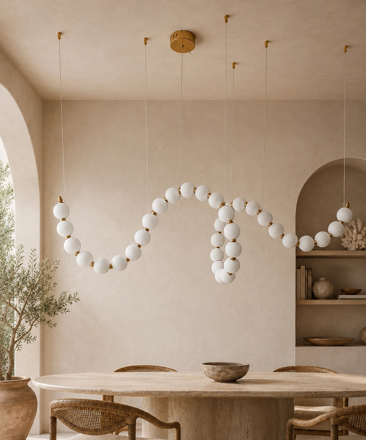 Suspension à boules opalines à connecteurs dorés, 150 cm, allumée au-dessus d’une table