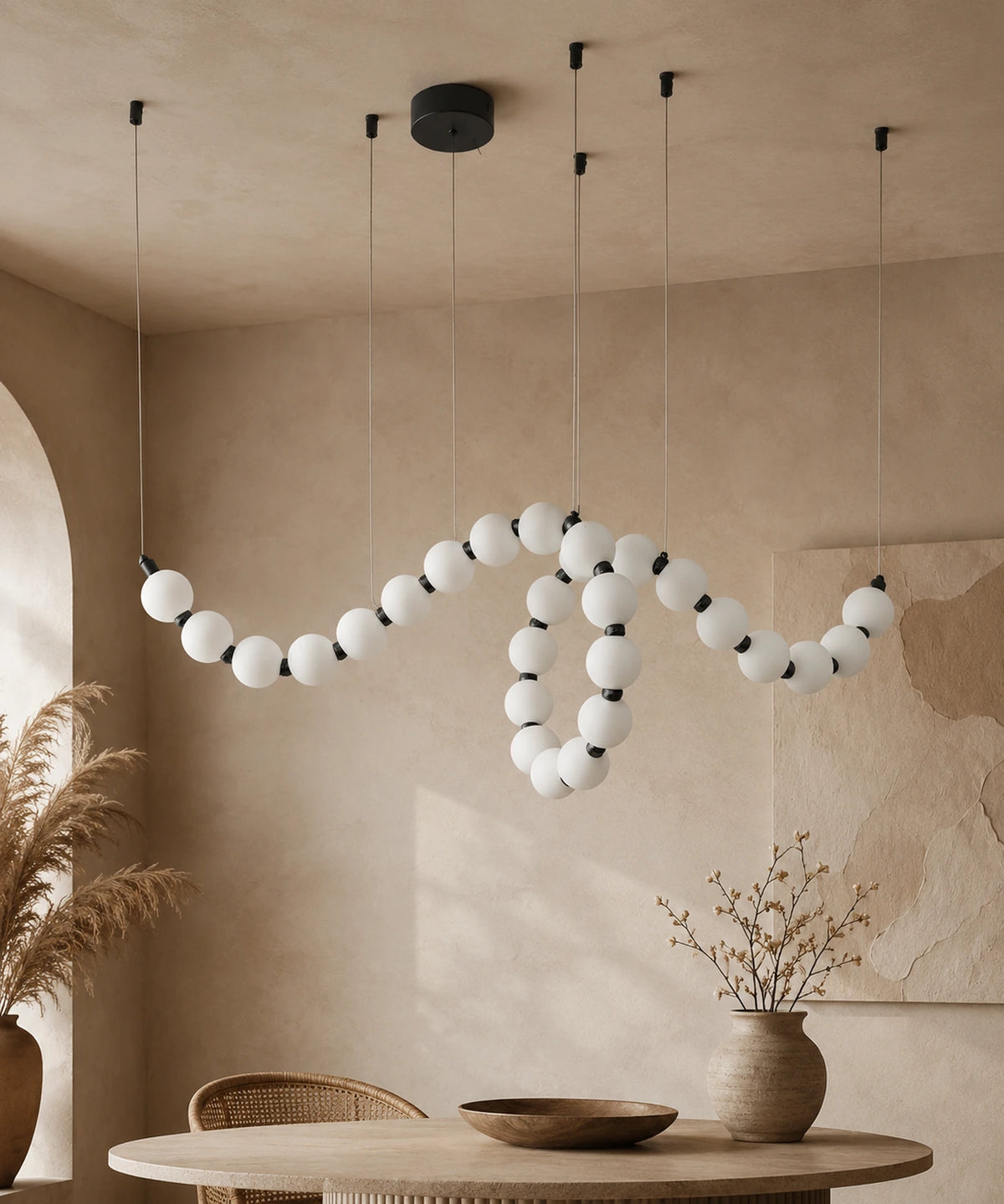 Suspension à boules opalines à connecteurs noirs, 125 cm, rosace noire