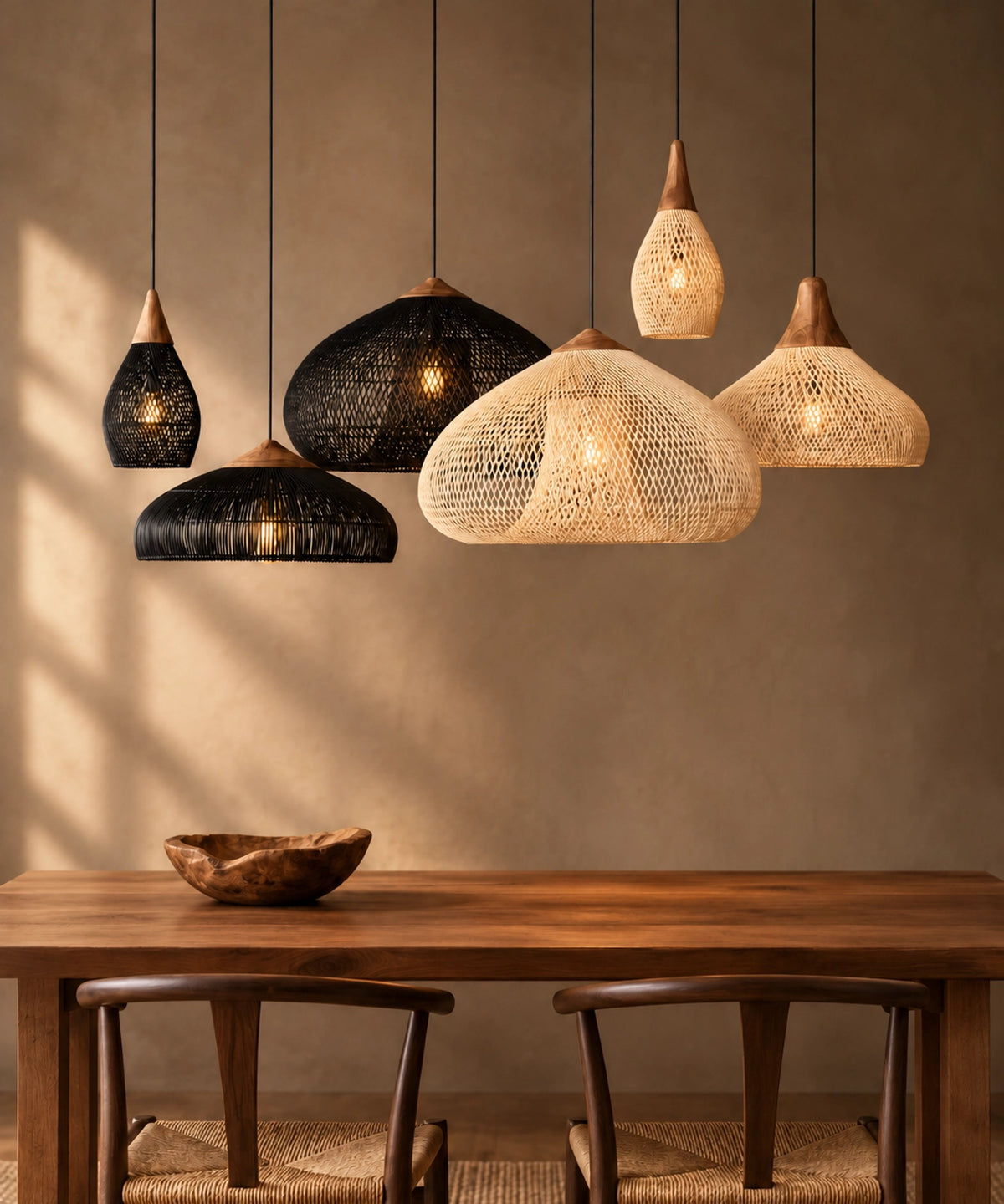 Composition de suspensions en rotin naturel et noir avec chapeaux en bois au-dessus d’une table