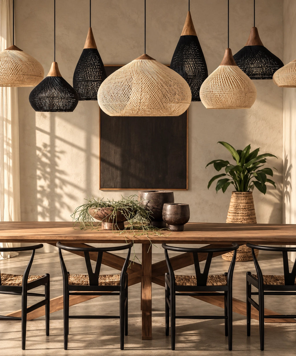Suspensions en rotin et bois, formes et finitions naturelles et noires réunies au-dessus d’une table