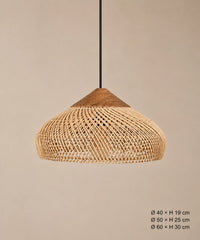 Suspension dôme en rotin naturel et bois, dimensions Ø40 × H19, Ø50 × H25 et Ø60 × H30 cm