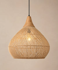 Suspension luminaire rotin et bois naturelle, calebasse de 40 cm, chapeau en bois tourné