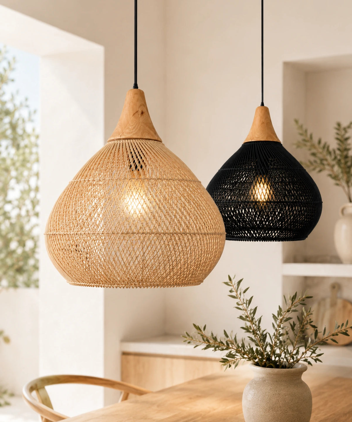 Suspension luminaire rotin et bois en forme de calebasse, versions naturelle et noire allumées
