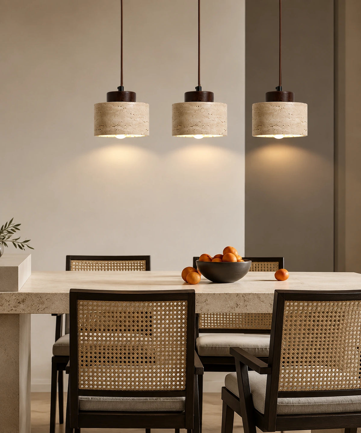 Trois suspensions luminaire travertin en tambour au-dessus d’une table entourée de chaises en cannage