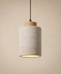 Suspension luminaire travertin en cylindre de 11 cm, chapeau en bois clair