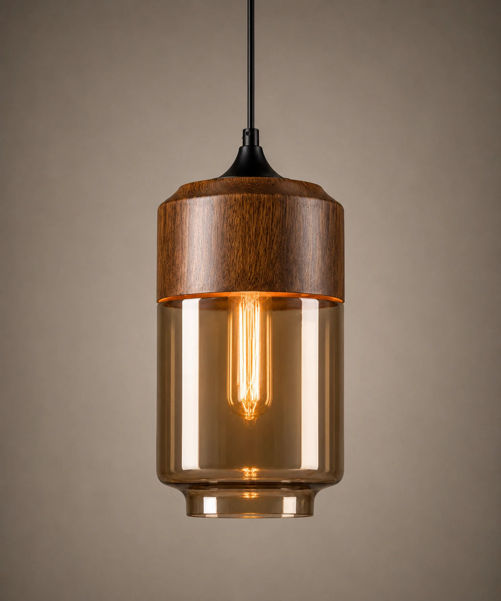 Suspension en verre ambré en bocal de 18 cm, capuchon finition bois, ampoule visible
