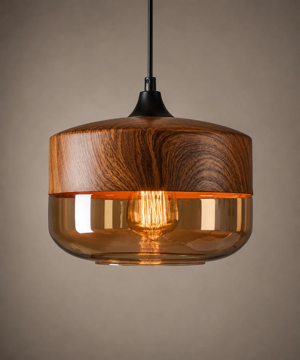 Suspension luminaire verre ambré en tambour de 25 cm, capuchon finition bois