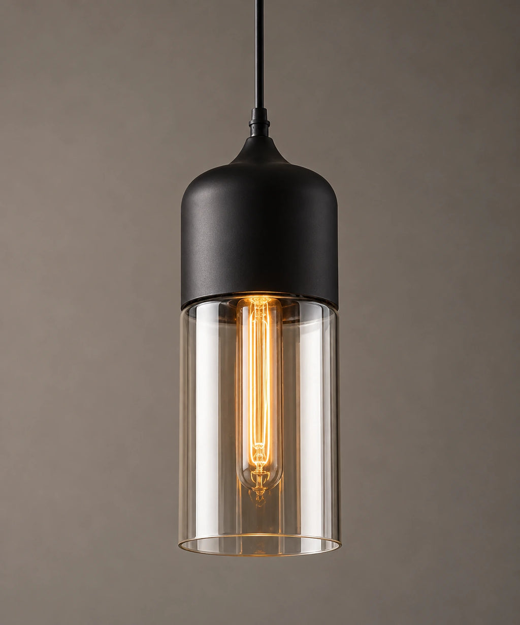 Suspension luminaire verre ambré en cylindre de 12 cm, capuchon noir mat