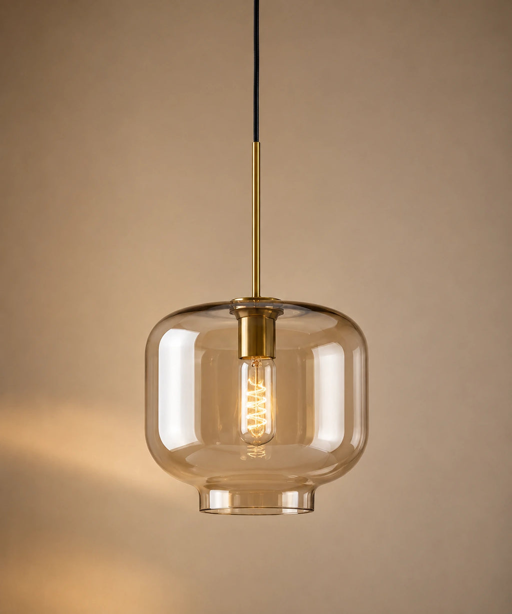 Suspension luminaire verre champagne en bocal à épaulement de 25 cm, laiton antique