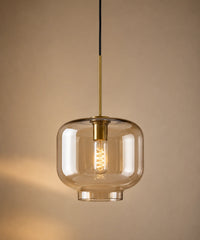 Suspension luminaire verre champagne en bocal à épaulement de 25 cm, laiton antique