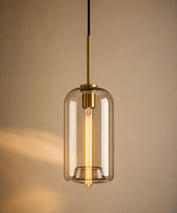 Suspension en verre champagne en cylindre de 18 cm, ampoule à filament visible