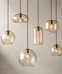 Suspension luminaire verre champagne, les six formes sur monture laiton suspendues ensemble