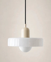 Suspension à disque de verre blanc opalin, culot crème, ampoule globe opaline E27