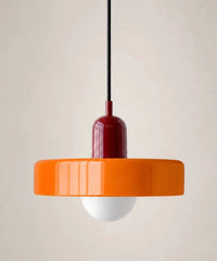 Suspension à disque de verre orange, culot bordeaux, ampoule globe opaline E27
