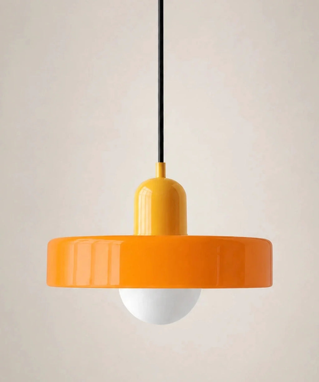 Suspension à disque de verre orange, culot jaune moutarde, ampoule globe opaline E27