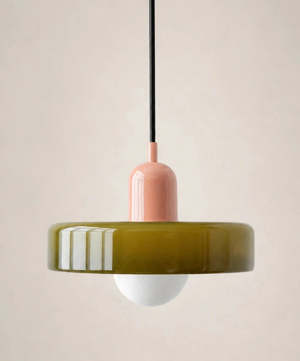 Suspension à disque de verre vert olive, culot rose, ampoule globe opaline E27