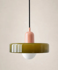 Suspension à disque de verre vert olive, culot rose, ampoule globe opaline E27