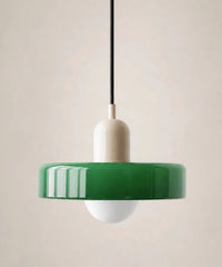 Suspension à disque de verre vert prairie, culot crème, ampoule globe opaline E27