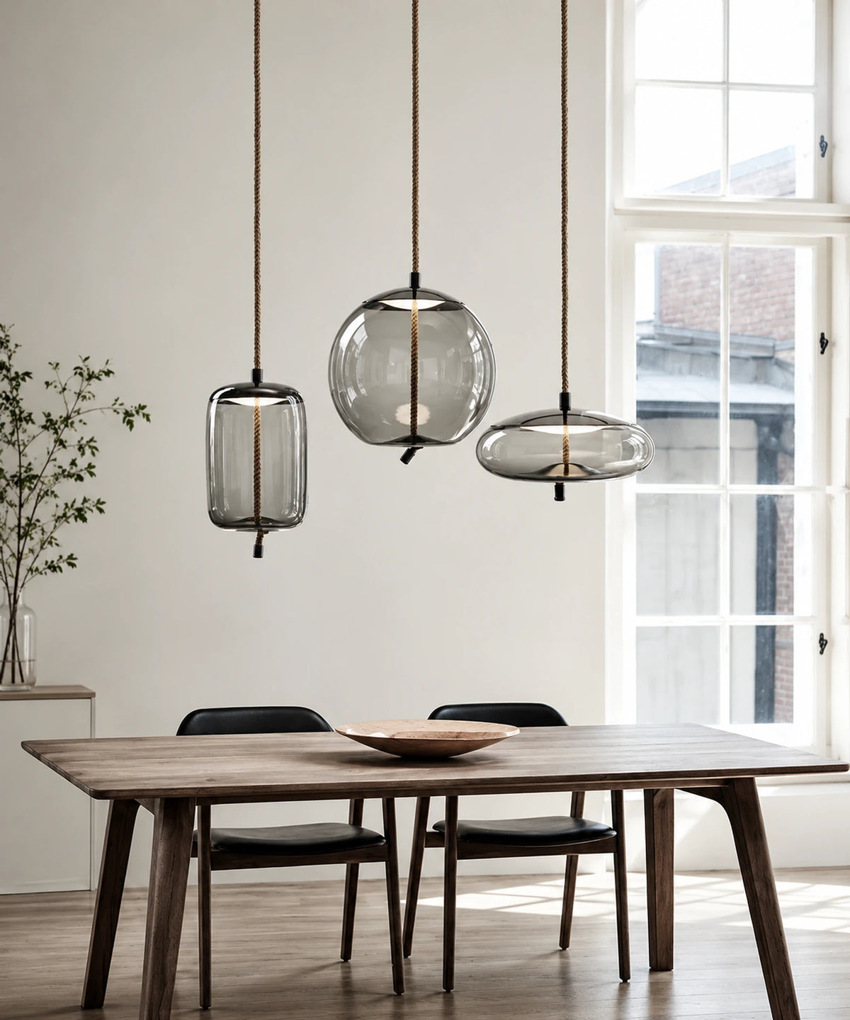 Suspension luminaire verre soufflé, cylindre et galet fumés suspendus devant de grandes fenêtres