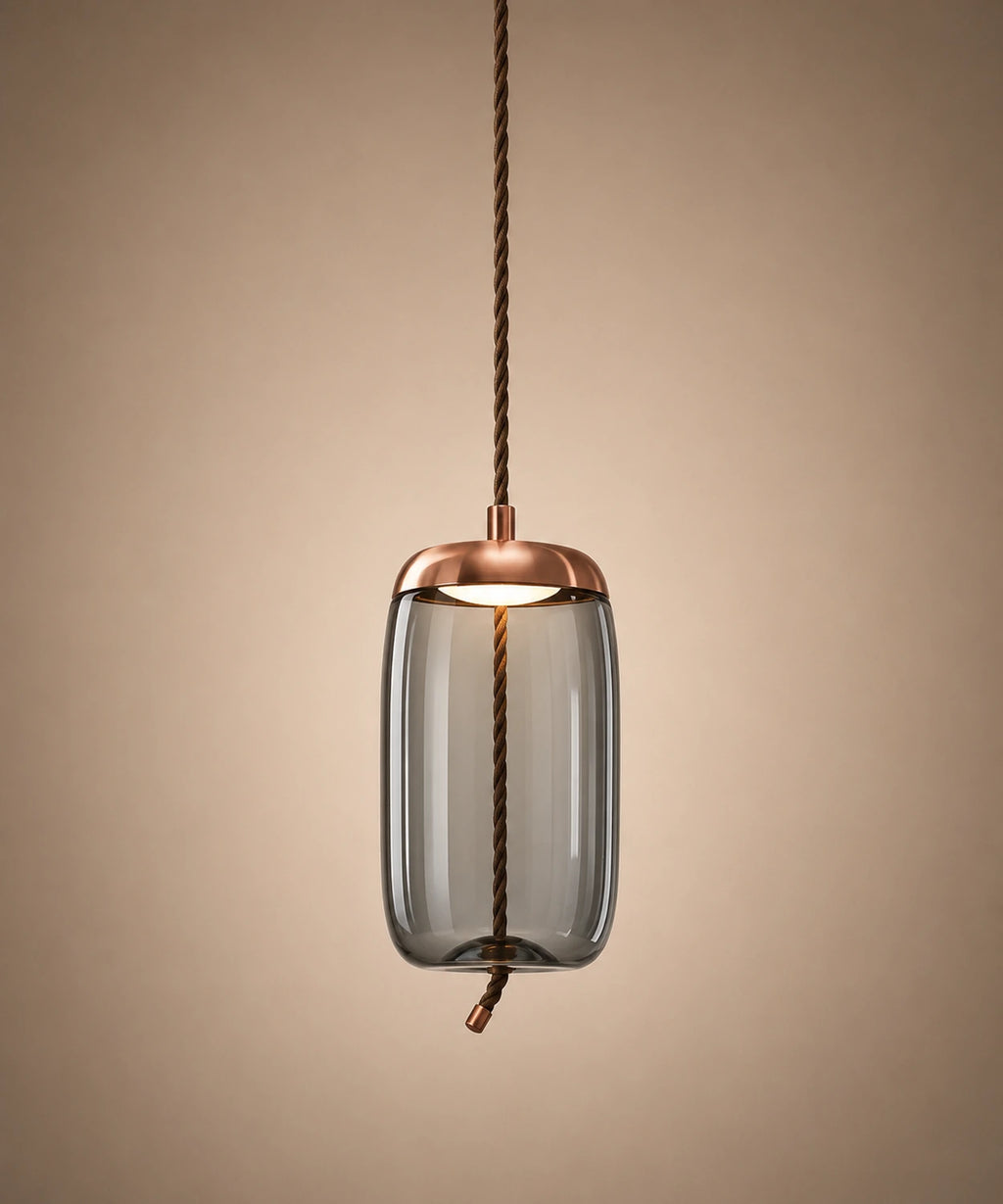 Suspension luminaire verre soufflé bleu, cylindre 18 cm à capuchon cuivré