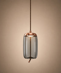 Suspension luminaire verre soufflé bleu, cylindre 18 cm à capuchon cuivré