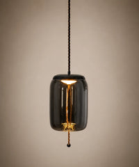 Suspension en verre soufflé fumé, cylindre 18 cm, ampoule visible au centre de la corde