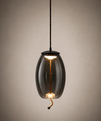 Suspension luminaire en verre soufflé fumé, forme ovoïde 18 cm, corde tressée traversante