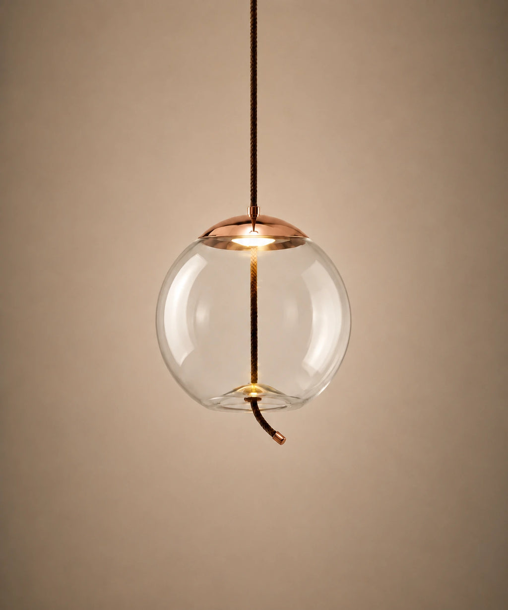 Suspension boule en verre soufflé transparent, corde tressée visible dans le globe