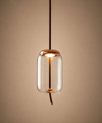 Suspension luminaire verre soufflé transparent, cylindre 18 cm à capuchon cuivré