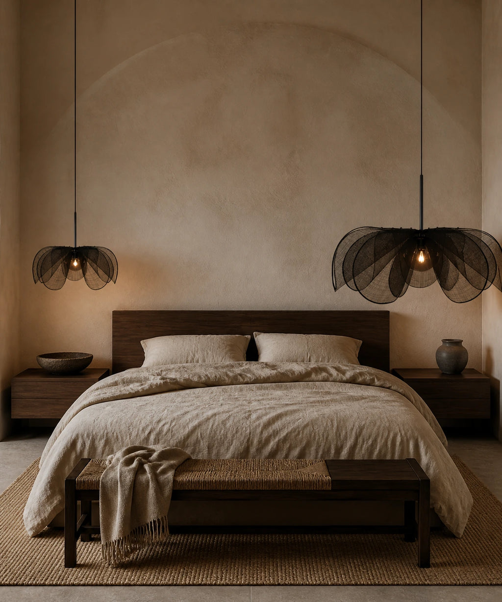 Suspension à pétales de tissu plissé dans un intérieur clair, tissu noir