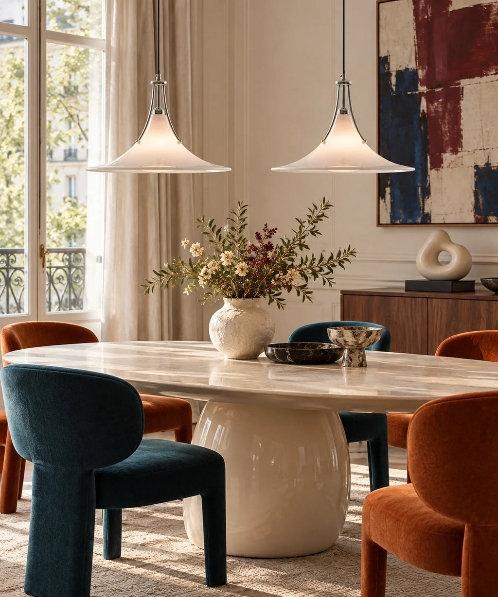Deux suspensions en verre blanc et chrome au-dessus d’une table ovale avec chaises bleu et orange